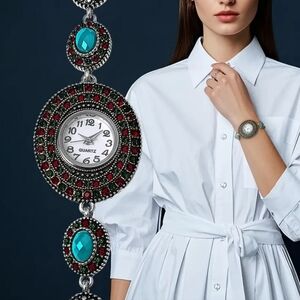 NEW 2/$40 Elegant Vintage Silver, Turquoise and Red Women's Watch-(#0238)